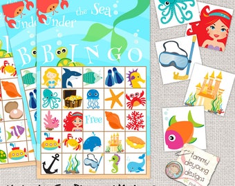 Digitales Unterwasser-Bingo, druckbares Meerjungfrau-Bingo, Ozean-Tiere-Bingo für Kinder, Sommer-Partyspiel, Meerjungfrau-Partyspiel, Vorschulspiel