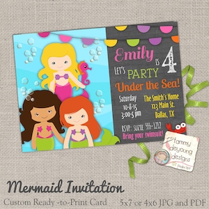 Invitation d’anniversaire de sirène * Under the Sea Party * Cartes numériques personnalisées DIY party imprimables