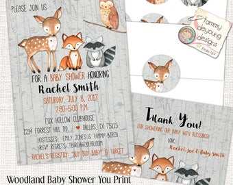 Digitale Waldtiere Baby Shower Einladung Dankeshinweis & Aufkleber Geschlechtsneutrale Baby Einladung, Waldtiere Waldtiere Wald Cupcake Topper