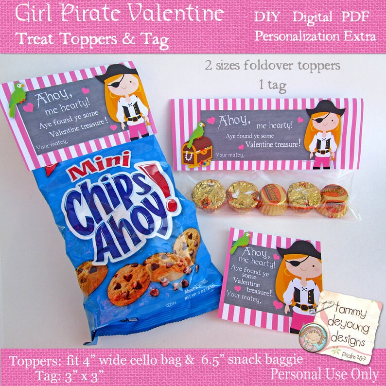 Girl Pirate Valentine Tag & Treat Bag Toppers, DIY imprimible Valentines para niños, etiquetas de San Valentín para niñas, etiquetas de piratas de San Valentín para compañeros de clase imagen 1