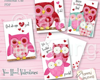 Owl Valentines Cards for kids *Girls Valentines *DIY Printable valentines with cute owls  red, pink, teal, personalization extra