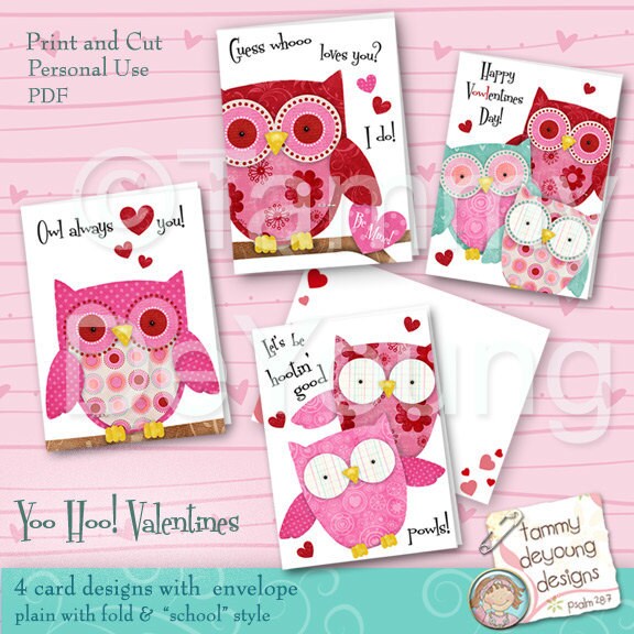 Owl Valentines Cards for kids *Girls Valentines *DIY Printable valentines with cute owls  red, pink,