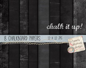 May include: Eight black and white chalkboard style digital papers, each measuring 12 inches by 12 inches. The papers have a distressed, textured look. The text "chalk it up!" is written in white chalk on the top of the image. The text "8 CHALKBOARD PAPERS" is written in white on a blue banner at the top of the image. The text "12 X 12 JPG" is written in white on the blue banner. The text "Personal Use & Limited Non-Digital Commercial" is written in white at the bottom of the image.