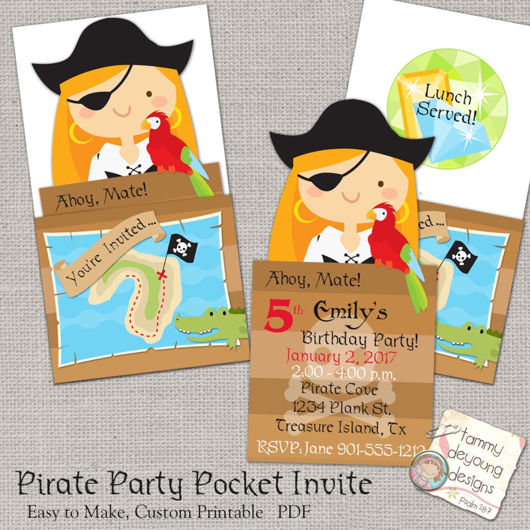 Girl Pirate Party Invitation, Printable Pirate Birthday Party Invite, Girls Birthday Invitation ...