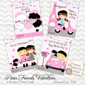Tarjetas de San Valentín de París para niñas * Tarjetas del Día de San Valentín para niños * Tarjetas de San Valentín imprimibles con bricolaje * Tarjetas de San Valentín Pink Poodle, personalización extra