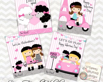 May include: Four printable Valentine's Day cards featuring a Parisian theme. The cards feature illustrations of girls wearing berets, poodles, and a pink car with the text "Let's go play! Happy Valentine's Day!" and "Paris".