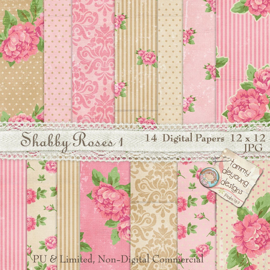 English Roses Digital Paper Shabby Chic Cottage Style for Invitations ...
