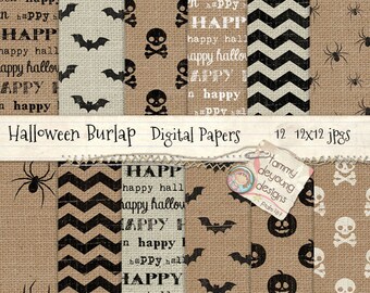 Grunge Halloween Burlap Digital Papers, Halloween Burlap Patterns Creepy Scrapbook Papers, skulls, spiders, bats black & white cardmaking