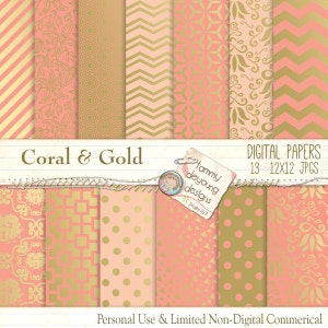 Brillant corail & or papier numérique * corail et or mariage * métalique papier pack, chevron, pois, fleurs, Damas, rayures, papier brillant