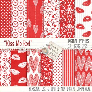 Valentine Digital Papers *Red and White Digital Paper* wedding and scrapbook backgrounds with  Hearts, Love, Lips, Valentines, Kisses