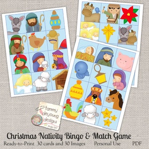Puede incluir: Un juego de bingo y de correspondencia de la Natividad de Navidad imprimible con 30 tarjetas y 30 im&aacute;genes. El juego presenta ilustraciones de un burro, una oveja, una estrella, un pesebre, un rey mago, un pastor, un gallo, una vaca, un p&aacute;jaro y un &aacute;ngel.