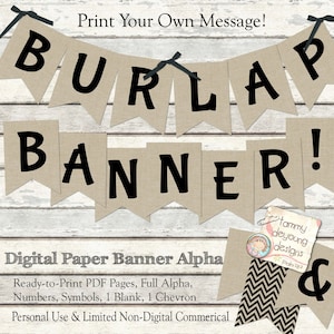 Burlap Banner Printable, burlap wedding garland, Thanksgiving bunting, alphabet letters, bridal shower decorations, baby shower, birthday