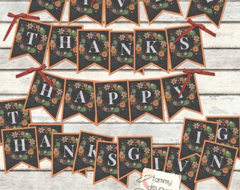 Digital Thanksgiving Bunting, Happy Thanksgiving Banner, Give Thanks Fall Garland Printable Thanksgiving pennants, Thanksgiving decorations