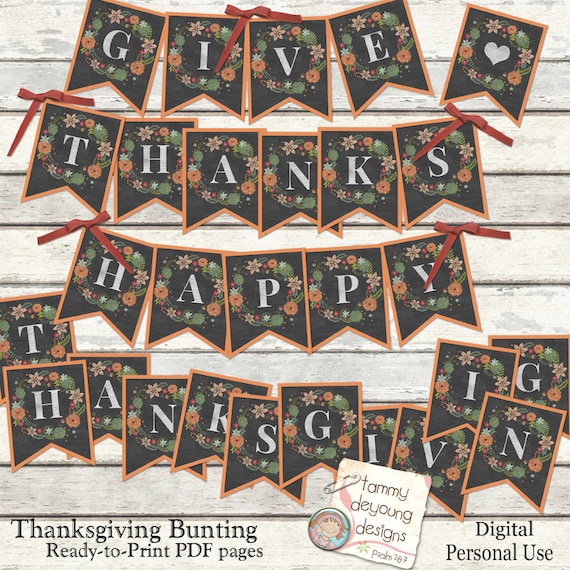 Digital Thanksgiving Bunting, Happy Thanksgiving Banner, Give Thanks Fall Garland Printable Thanksgiving pennants, Thanksgiving decorations