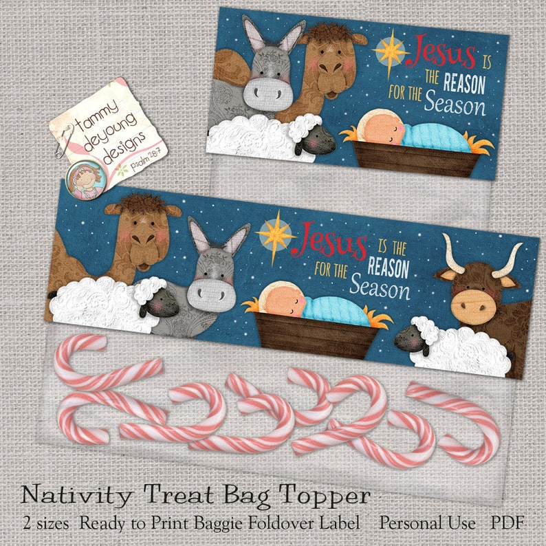 Nativity Christmas Treat Bag Toppers, Christmas Party Favors Printable, Christmas goodie bag label, Jesus is the Reason candy loot bag image 1