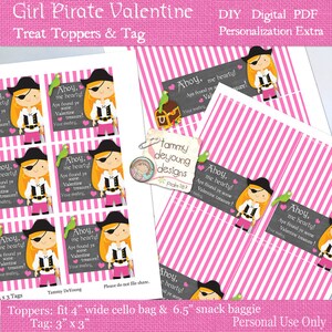 Girl Pirate Valentine Tag & Treat Bag Toppers, DIY imprimible Valentines para niños, etiquetas de San Valentín para niñas, etiquetas de piratas de San Valentín para compañeros de clase imagen 3