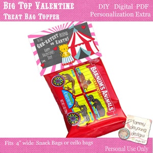 Circus Valentijnskaart traktatietastopper voor kinderen, roze afdrukbare Circus-tags en labels voor valentijnsfeestjes op school