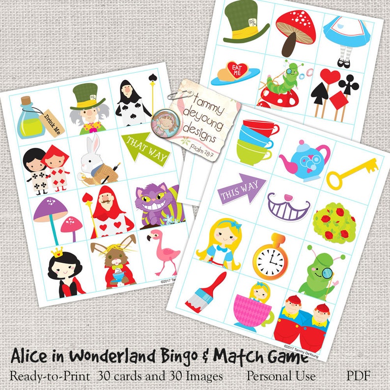 Bingo for Kids Alice in Wonderland Bingo Game Tea Party Game Printable Picture Bingo Digital Alice in Wonderland Birthday Party Game