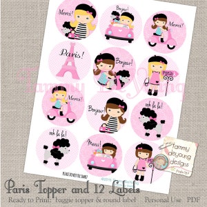 May include: A printable sheet of 12 round labels featuring a Parisian theme. The labels include images of girls wearing berets, a scooter, a poodle, and the Eiffel Tower. The text on the labels includes "Paris!" "Bonjour!" "Merci!" and "ooh la la!"