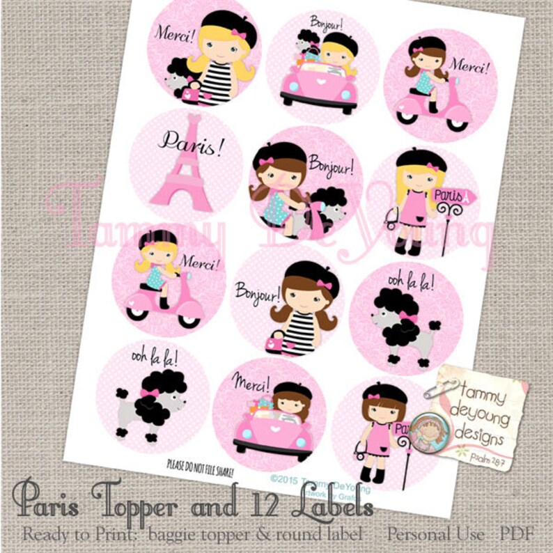 May include: A printable sheet of 12 round labels featuring a Parisian theme. The labels include images of girls wearing berets, a scooter, a poodle, and the Eiffel Tower. The text on the labels includes "Paris!" "Bonjour!" "Merci!" and "ooh la la!"
