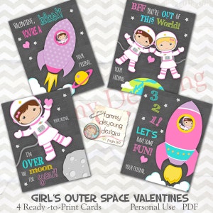 Cartes de la Saint-Valentin de l'astronaute cosmique de l'espace extra-atmosphérique pour les filles, balises de la Saint-Valentin de la fête de l'école imprimable bricolage pour les enfants et les meilleurs amis