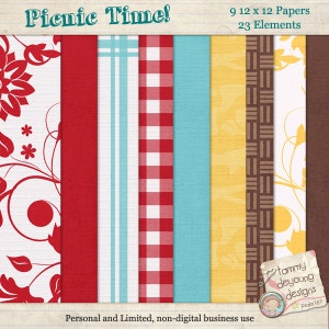 May include: Nine 12x12 inch digital paper designs with a picnic theme. The papers feature a variety of patterns, including red and white gingham, red and white floral, yellow and white floral, and brown and white stripes. The text "Picnic Time!" is at the top of the image. The text "9 12 x 12 Papers" and "23 Elements" is also included in the image. The text "Personal and Limited, non-digital business use" is at the bottom of the image.