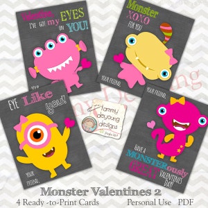 Monster Valentine Cards for Kids, Girls Valentines with cute, funny monsters,  DIY  Printable Valentines for classmate exchanges