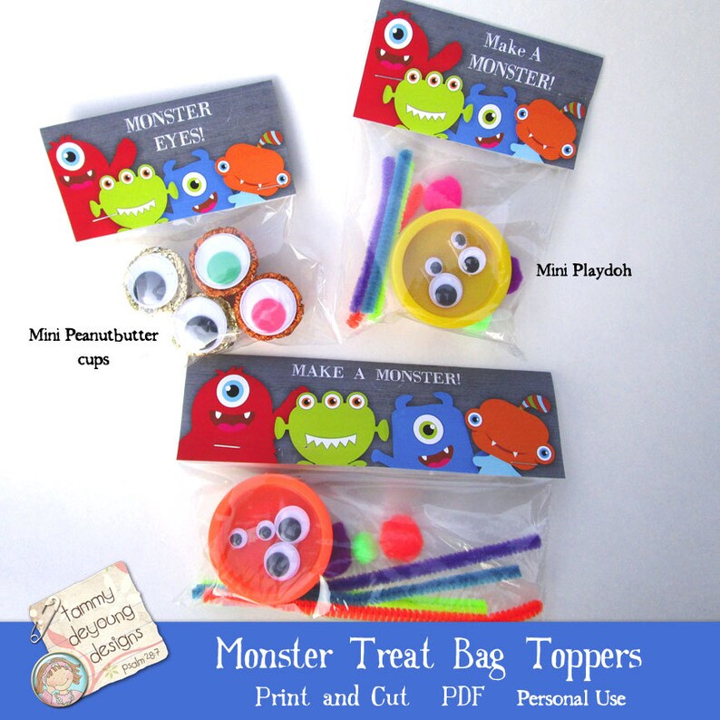 Peut inclure: Toppers imprimables pour sacs de friandises repr&eacute;sentant des monstres color&eacute;s avec des yeux globuleux. Le texte sur les toppers indique "Make a Monster!" et "Monster Eyes!" Les toppers sont con&ccedil;us pour &ecirc;tre utilis&eacute;s avec des yeux globuleux, des cure-pipes, des mini pots de beurre de cacahu&egrave;tes et de la p&acirc;te &agrave; modeler.