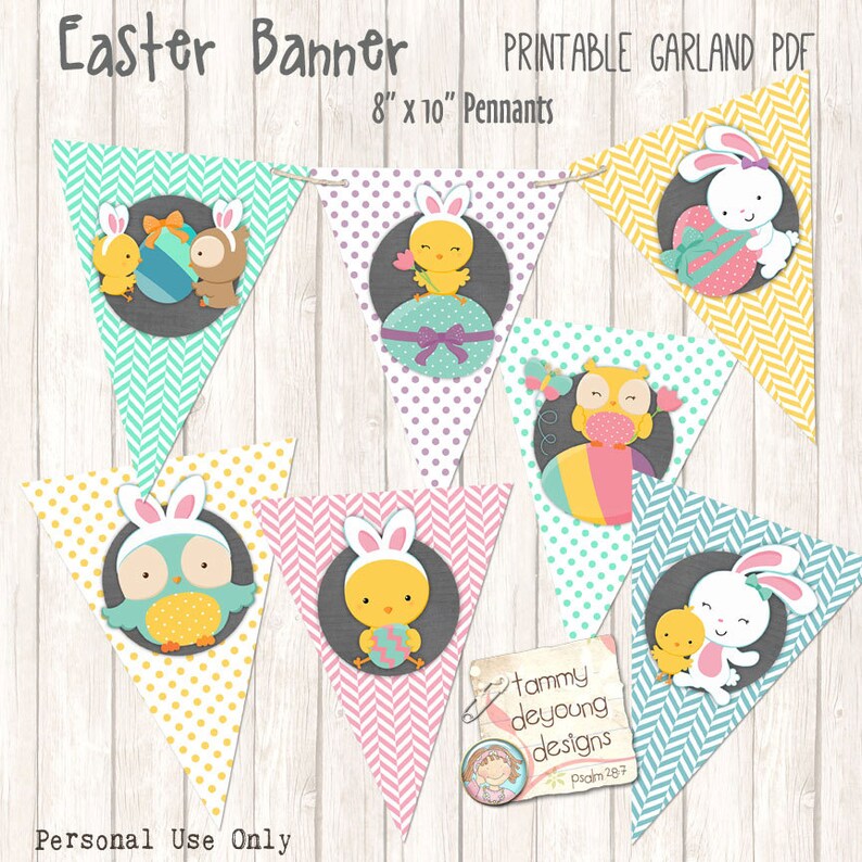 May include: Printable Easter banner garland with 8 inch by 10 inch pennants. The pennants feature a variety of pastel colors and patterns, including chevron, polka dots, and stripes. Each pennant has a circle with a different Easter-themed character, including a chick, an owl, and a bunny.