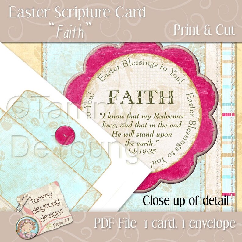 K&ouml;nnte beinhalten: Eine druckbare Osterkarte mit einem rosa-wei&szlig;en Blumenmuster. Die Karte zeigt das Wort "FAITH" in gro&szlig;en Buchstaben und einen Bibelvers aus Job 19:25. Die Karte ist zum Ausdrucken und Ausschneiden gedacht.