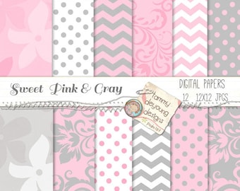 Pink and Gray Digital Paper Backgrounds for nursery, weddings, scrapbooks, invitations, baby announcements, Sweet Elephant