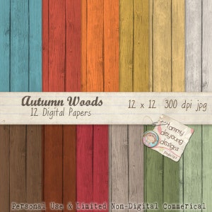 Legno carta digitale * autunno legno modelli * modelli in legno caduta in arancione, blu, marrone, verde, oro, cremisi per inviti, biglietti di auguri