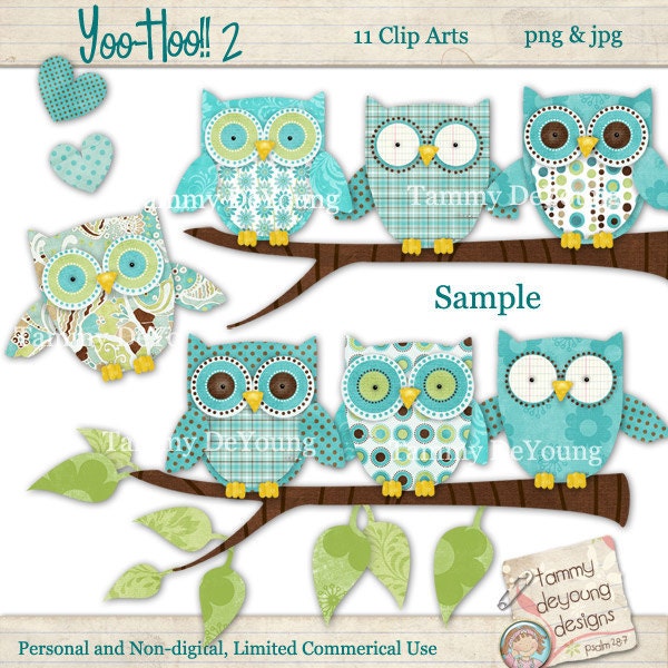 Digital Owl Clip Art, Boho Owl ClipArt, Nursery Art, boy baby shower, turquoise, blue, green nursery decor, cards, scrapbooks, tags, invites