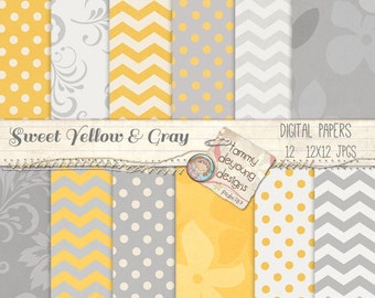 Yellow and Gray Digital Paper Backgrounds for nursery, weddings, scrapbooks, invitations, baby announcements, Sweet Elephant