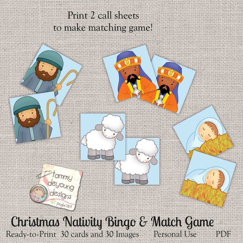 Puede incluir: Un juego de bingo y de correspondencia de la Natividad de Navidad con 30 tarjetas y 30 im&aacute;genes. El juego presenta im&aacute;genes de la historia de la Natividad, incluyendo al beb&eacute; Jes&uacute;s, Mar&iacute;a, Jos&eacute;, los tres reyes magos, ovejas y una estrella. El juego est&aacute; listo para imprimir y es para uso personal.