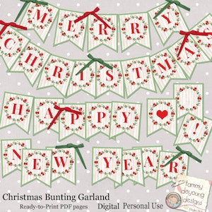 Digital Christmas Bunting, Merry Christmas Banner, Happy New Year Garland, Printable Christmas mantle garland red & green Holiday decoration