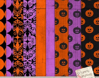 Victorian Halloween Digital Papers, Halloween patterns, Halloween backgrounds purple, black orange for invitations, scrapbooks, party decor