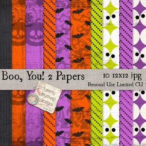 Halloween Digital Papers, bats and eyeballs, Boo You 2! bright, fun backgrounds for invitations, scrapbooks, party favors