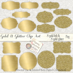Digitale Goldfolie Etiketten, faux Gold Glitter Rahmen ClipArt und Tags für Hochzeiten, Tischkarten, Einladungen, Ankündigungen, Photocards, Gläser