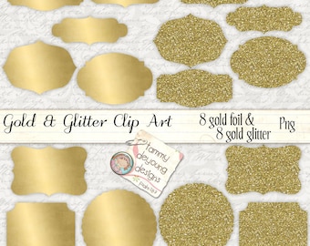 Digital Gold Foil Labels, faux Gold Glitter Frames Clip Art and tags for weddings, place cards, invitations, announcements, photocards, jars
