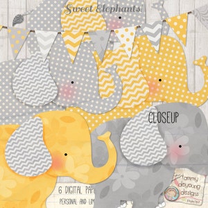 May include: Six digital papers featuring yellow and gray elephants with different patterns, including polka dots, chevron, and floral designs. The text "Sweet Elephants!" and "CLOSEUP" are visible in the image.