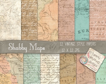 May include: Twelve vintage style digital papers featuring maps and handwritten text in shades of brown, beige, pink, blue, and green. The papers are 12 inches by 12 inches and are in JPG format. The text on the papers reads "Shabby Maps", "12 Vintage Style Papers", "12 x 12 JPG", "Tammy deyoung designs", "Psalm 28:7", "PU & Limited Non-Digital CU".