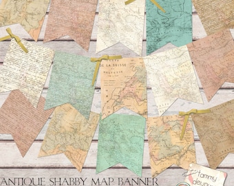 Old World Map Banner, Antique Map Garland,  Shabby World Map Bunting, custom travel decor, graduation banner, travel weddings, map pennants