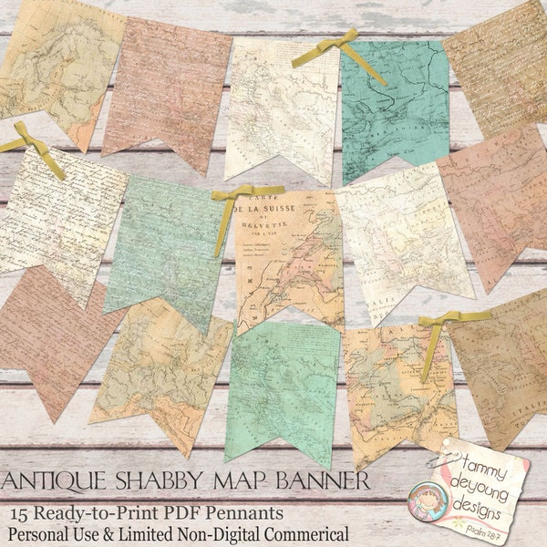 Old World Map Banner, Antique Map Garland,  Shabby World Map Bunting, custom travel decor, graduation banner, travel weddings, map pennants