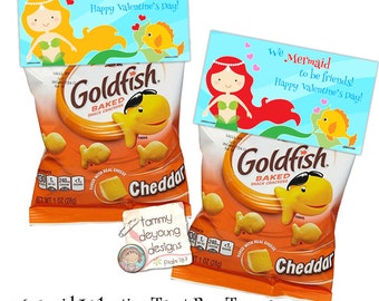 Toppers per borse di San Valentino per cracker di pesci rossi, etichette di San Valentino con sirena bionda, San Valentino scolastici per bambini Bomboniere, etichette per sacchetti di snack