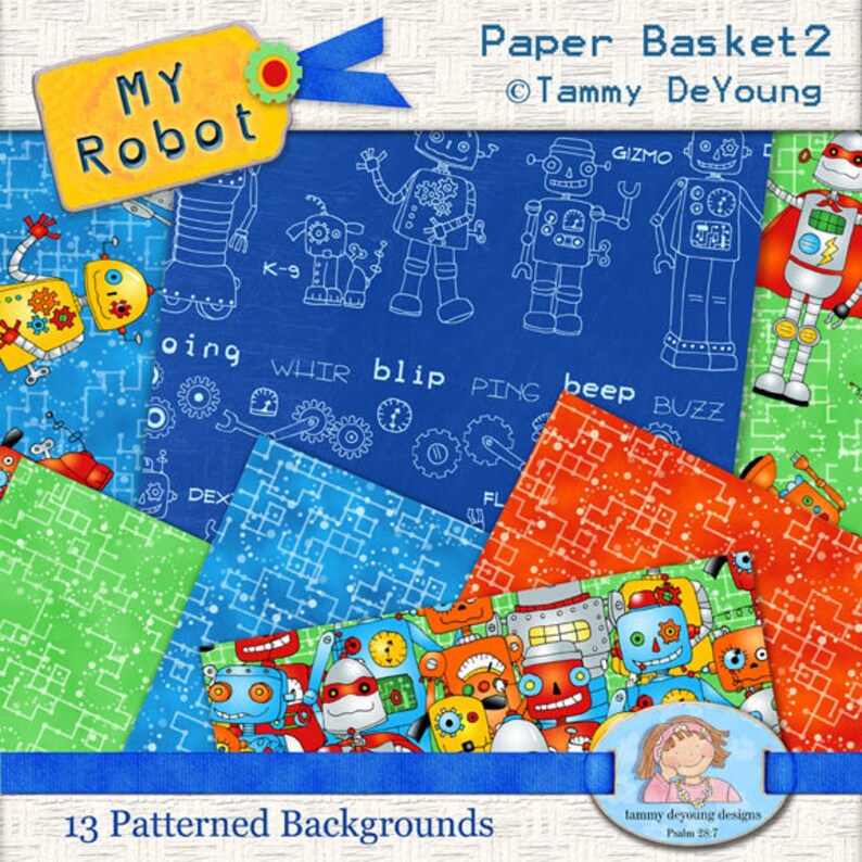 Robot Digital Papers 2 Retro Robot Art backgrounds for invitations, birthday party decorations, scrapbooks, handmade greeting cards image 2