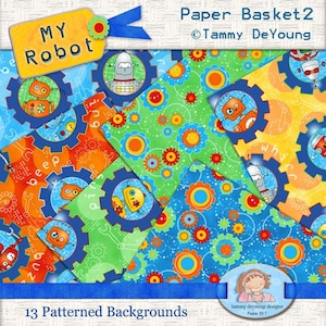 Roboter Digital Papiere 2 * Retro Roboter Kunst * Hintergründe für Einladungen, Geburtstags-Partydekorationen, Sammelalben, handgemachte Grußkarten