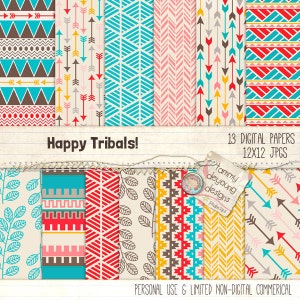 Può includere: Un set di 13 carte digitali con motivi tribali in turchese, rosso, giallo e marrone. I motivi includono frecce, forme geometriche e foglie. Le carte misurano 30,5 x 30,5 cm e sono in formato JPG. Il testo "Happy Tribals!" e "13 DIGITAL PAPERS 12X12 JPGS" è incluso nell'immagine.