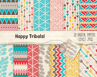 Tribal Digital Paper, Aztec Tribal Backgrounds, arrows prints, geometric paper patterns in turquoise and red for scrapbooks, cards, invites