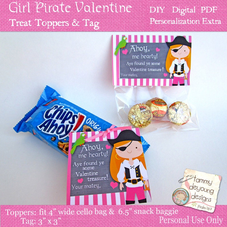 Girl Pirate Valentine Tag & Treat Bag Toppers, DIY imprimible Valentines para niños, etiquetas de San Valentín para niñas, etiquetas de piratas de San Valentín para compañeros de clase imagen 2